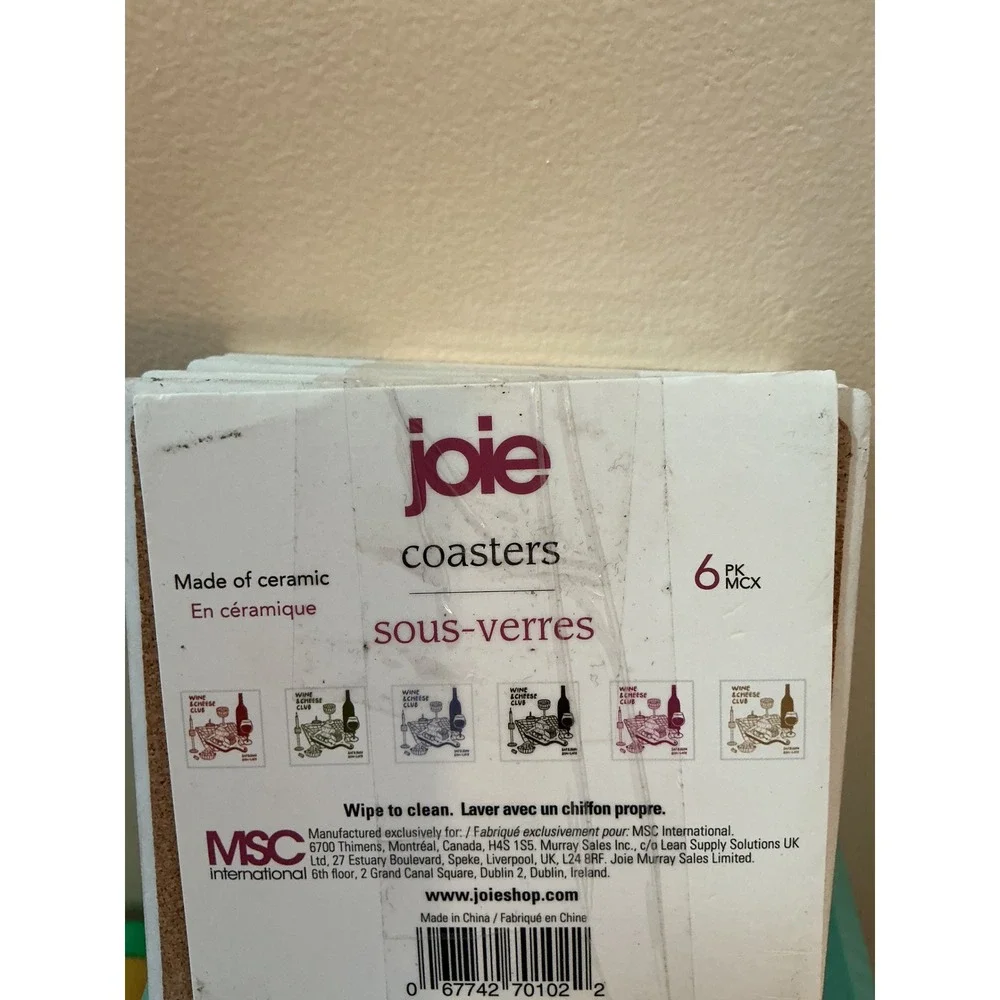 Joie Wine and‎ Cheese Club Ceramic Coasters Set of 6 Cork Backed White Burgundy